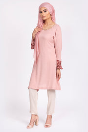 PINK VELVET BELL SLEEVE TOP WITH CRYSTAL EMBELLISHED NECKLINE