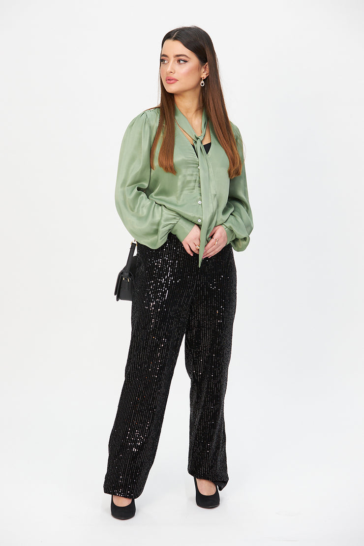 BLACK VELVET WIDE-LEGGED SEQUIN TROUSERS