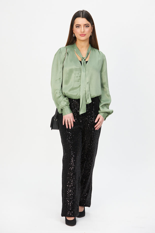 SAGE LOOSE FIT SATIN TIE NECK BLOUSE