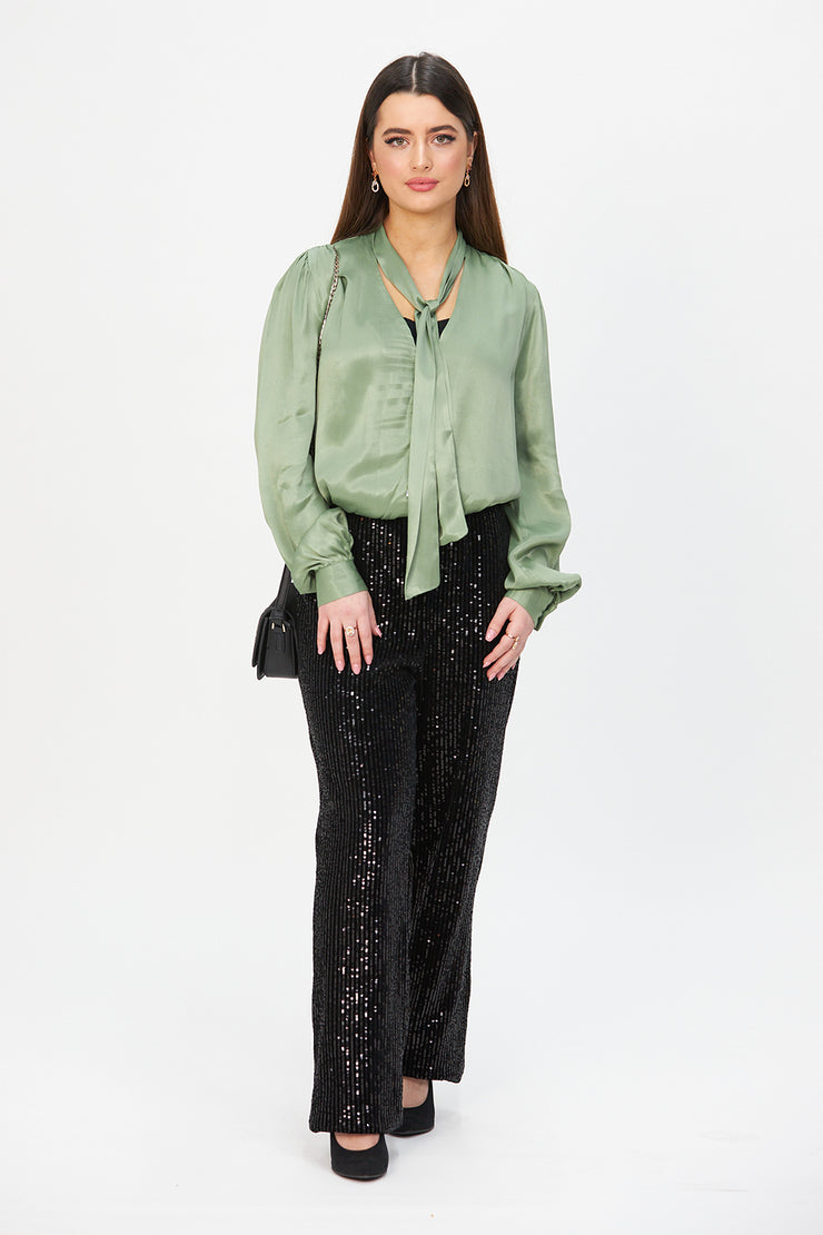 BLACK VELVET WIDE-LEGGED SEQUIN TROUSERS