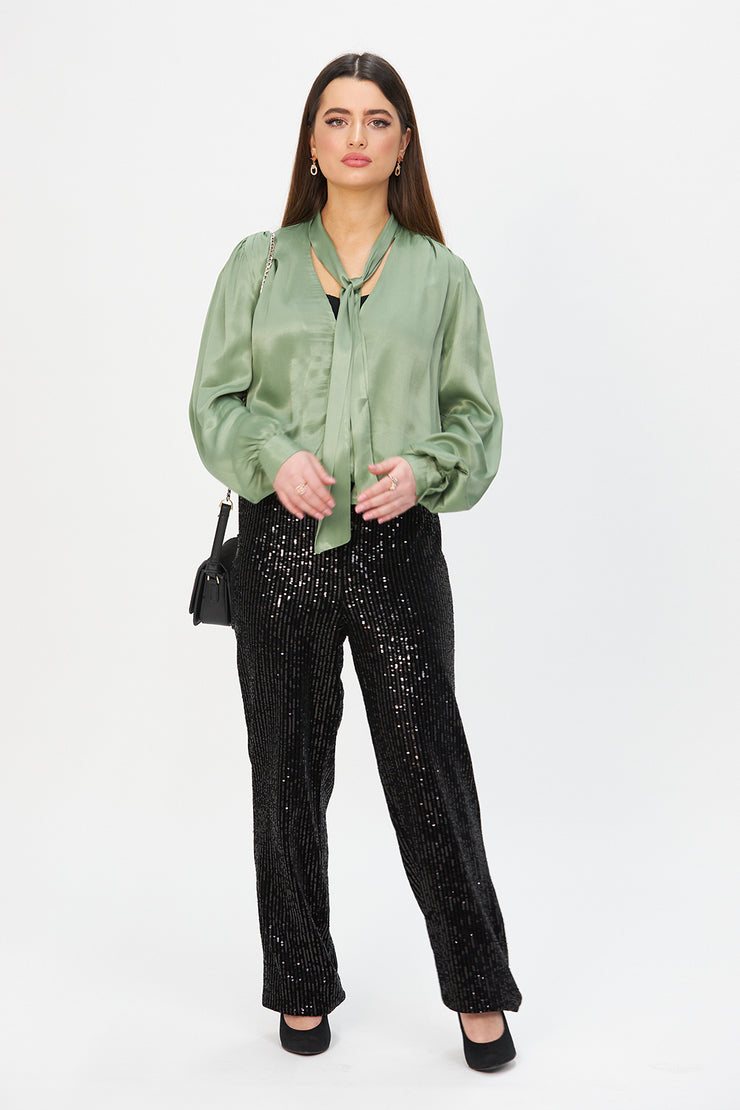 BLACK VELVET WIDE-LEGGED SEQUIN TROUSERS