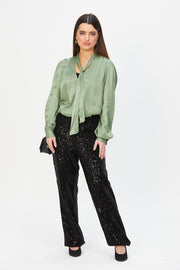 BLACK VELVET WIDE-LEGGED SEQUIN TROUSERS