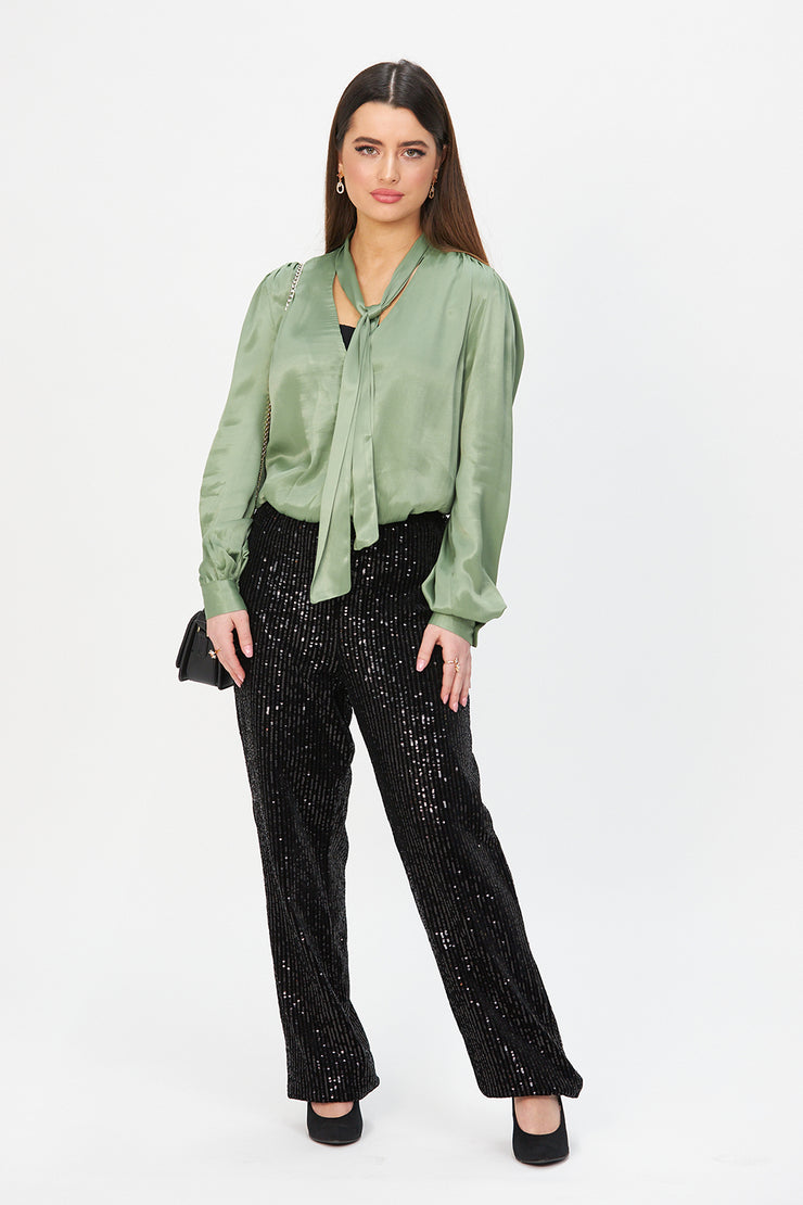 BLACK VELVET WIDE-LEGGED SEQUIN TROUSERS