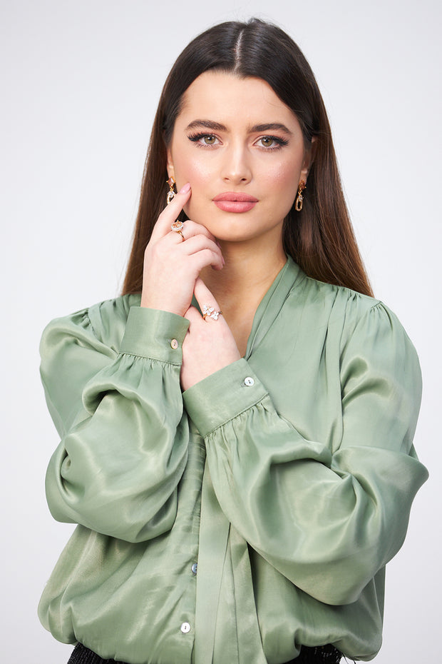 SAGE LOOSE FIT SATIN TIE NECK BLOUSE