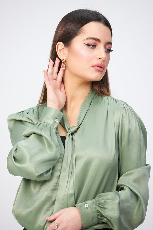 SAGE LOOSE FIT SATIN TIE NECK BLOUSE