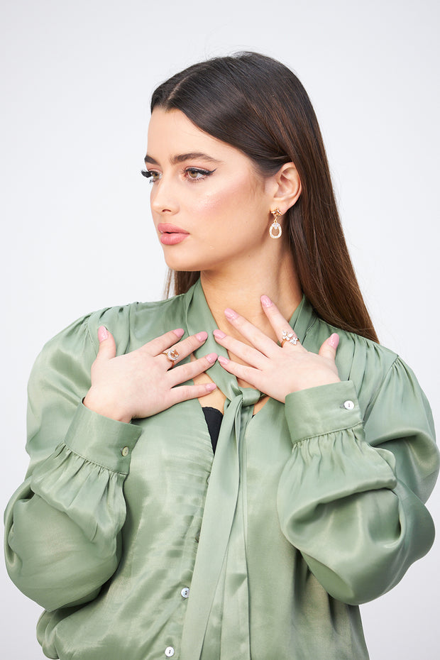 SAGE LOOSE FIT SATIN TIE NECK BLOUSE