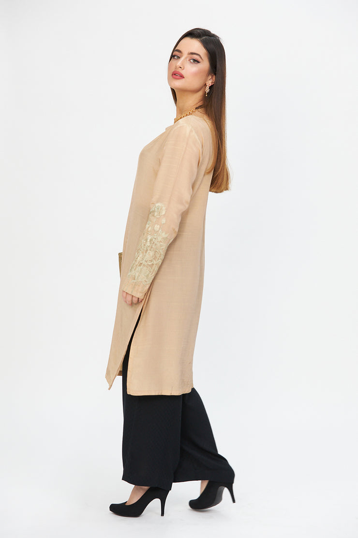 Embroidered Sleeves Tunic Beige