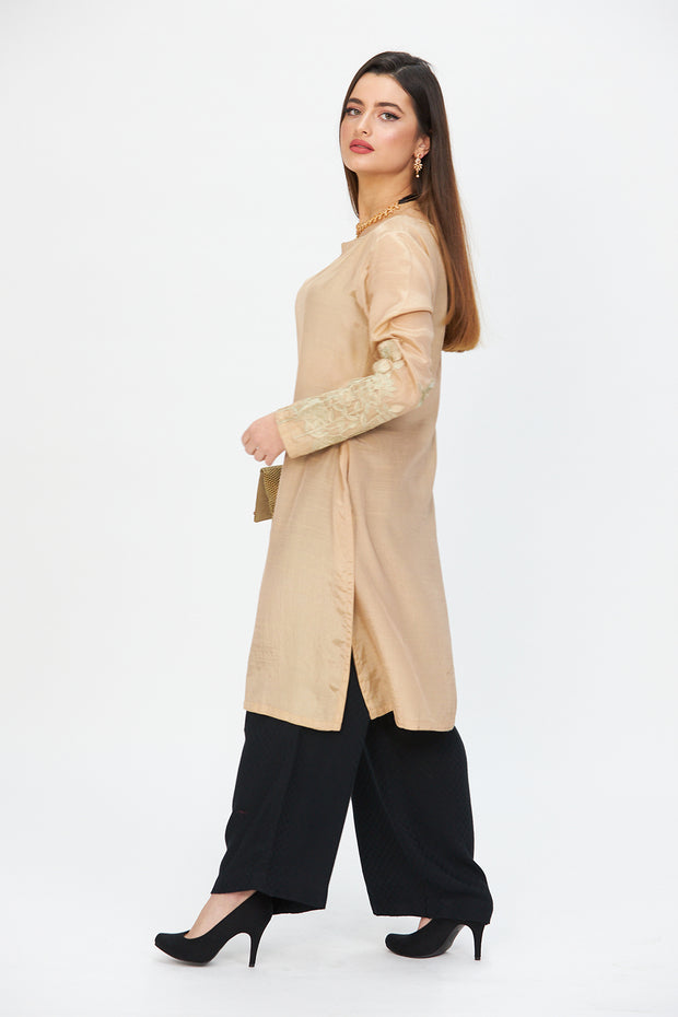 Embroidered Sleeves Tunic Beige