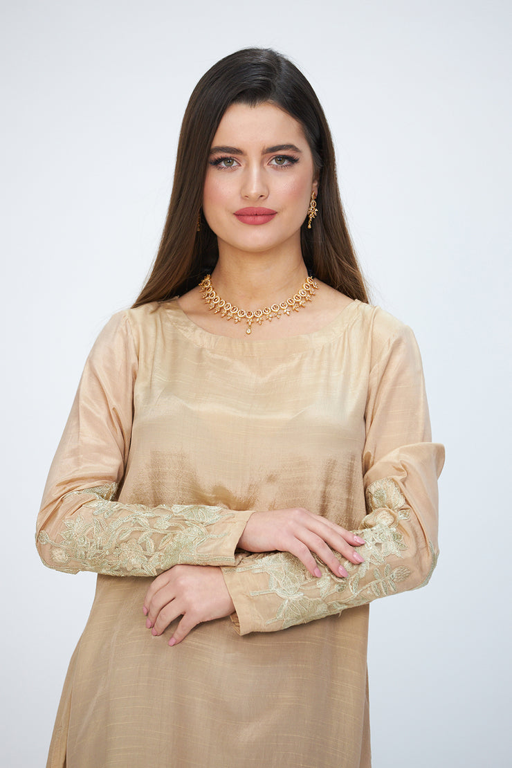 Embroidered Sleeves Tunic Beige