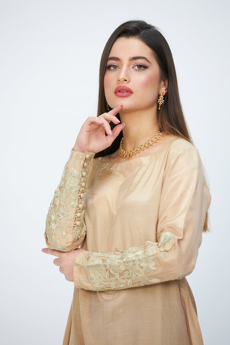 Embroidered Sleeves Tunic Beige