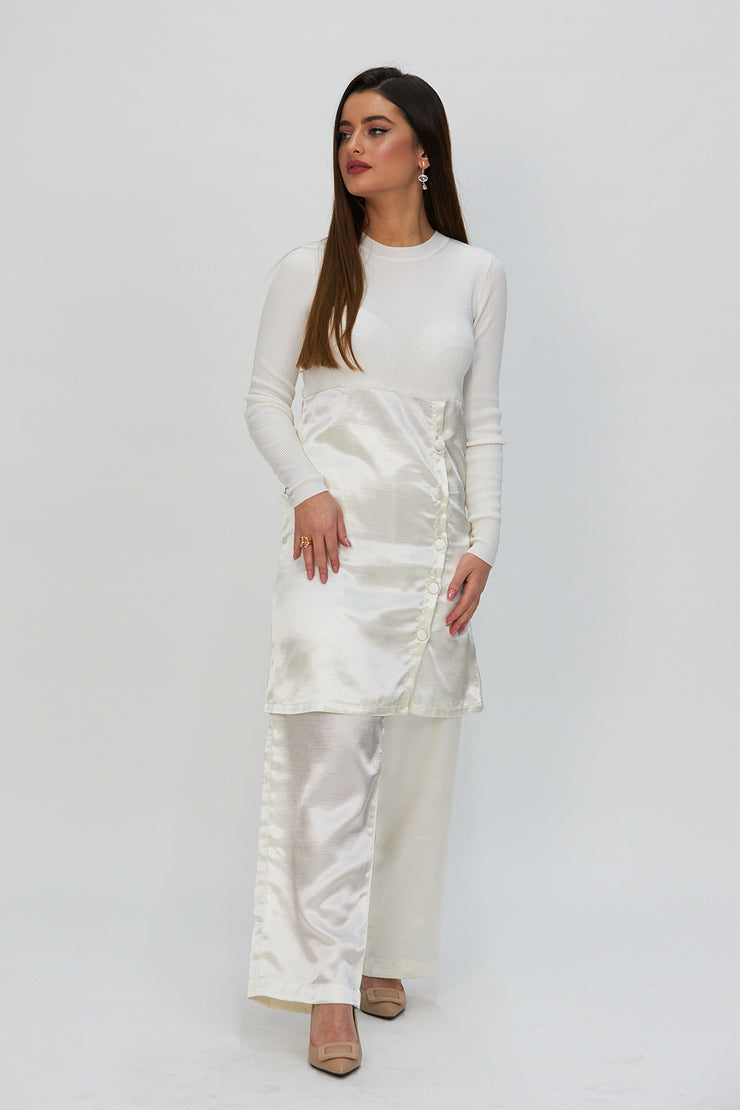 IVORY JERSEY & SILK TUNIC WITH TROUSERS