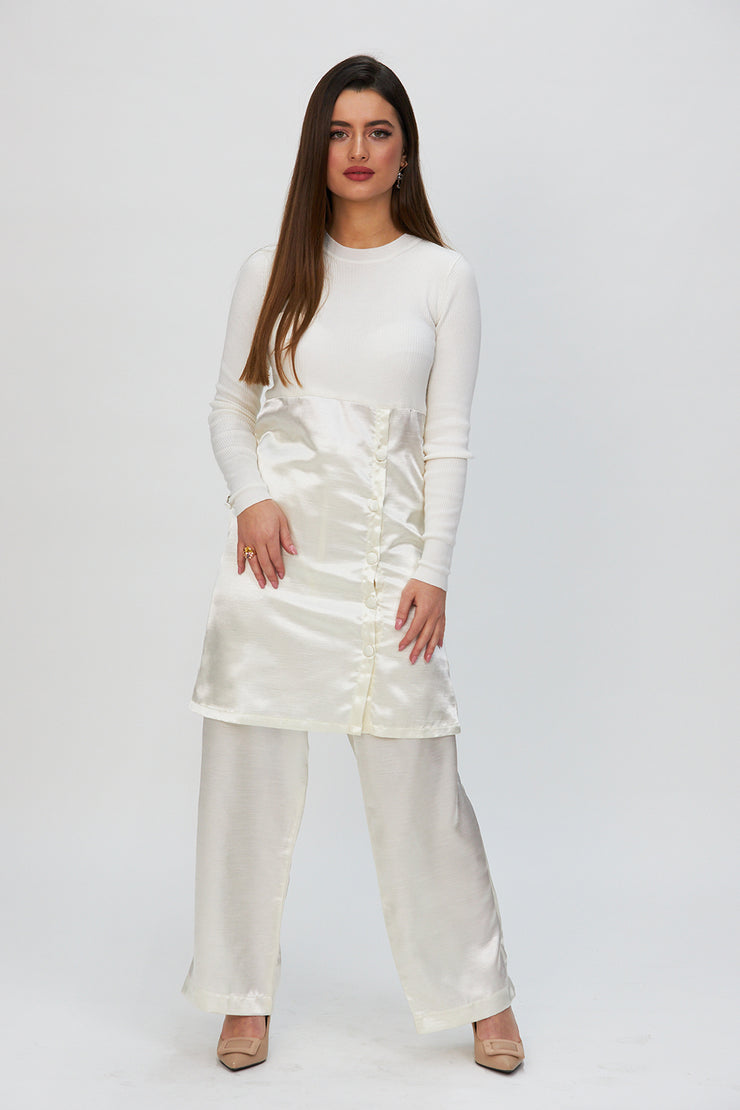 IVORY JERSEY & SILK TUNIC WITH TROUSERS