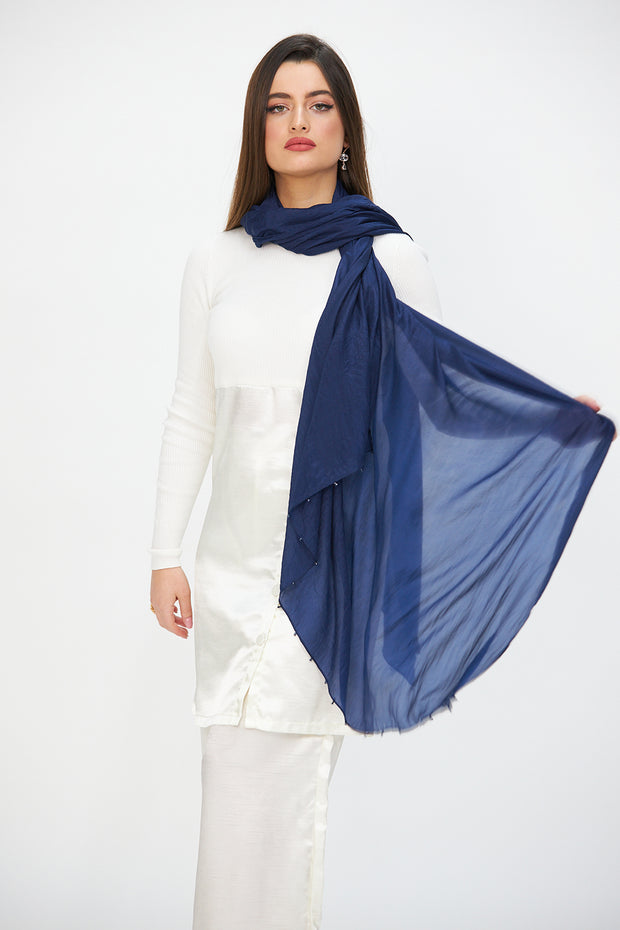 NAVY CRYSTAL TRIMMED SILK SCARF