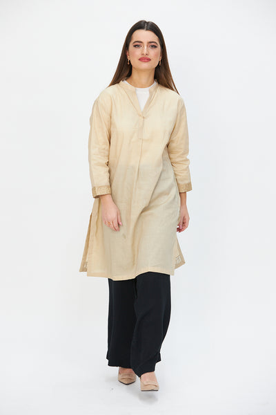 Gold thread embroidered cotton tunic Beige