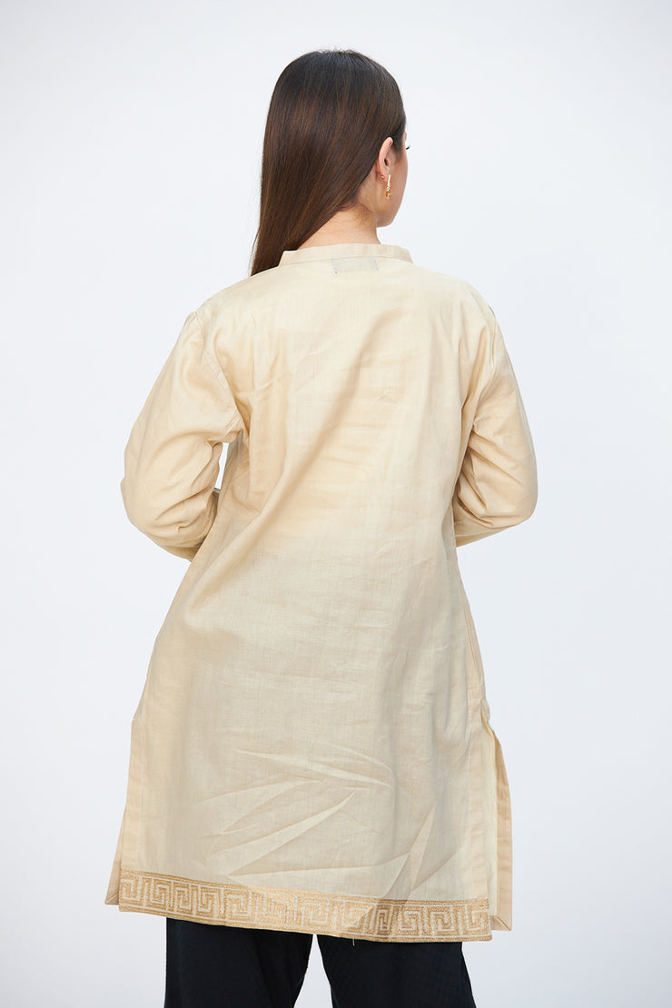 Gold thread embroidered cotton tunic Beige