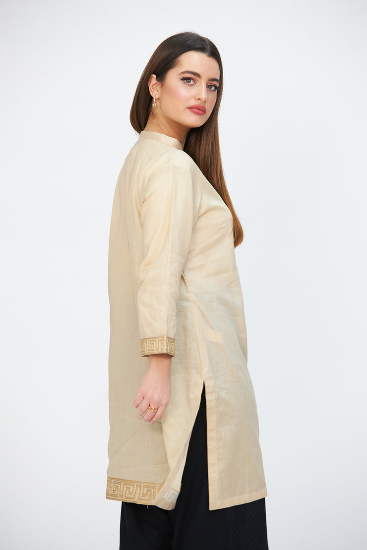 Gold thread embroidered cotton tunic Beige