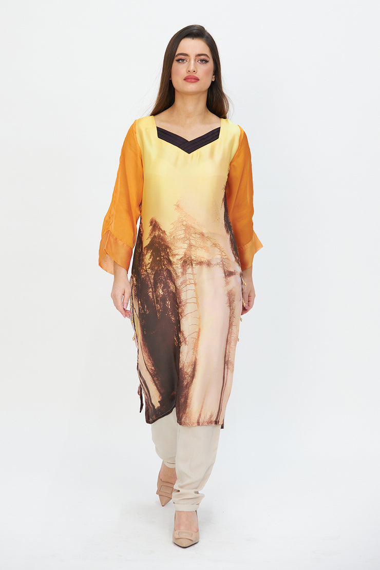 Nature print silk dress yellow