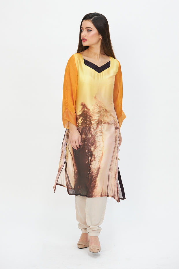 Nature print silk dress yellow