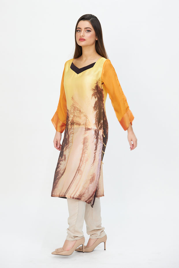 Nature print silk dress yellow