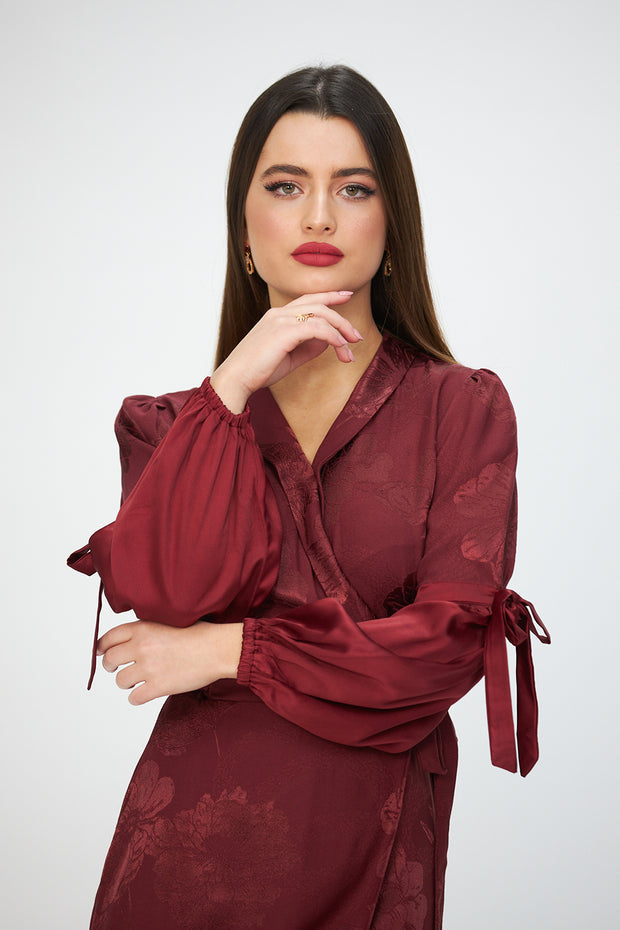 Jacquard Midi Wrap Dress Maroon