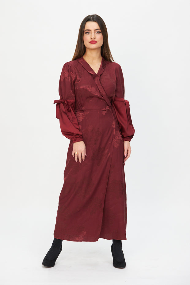 Jacquard Midi Wrap Dress Maroon