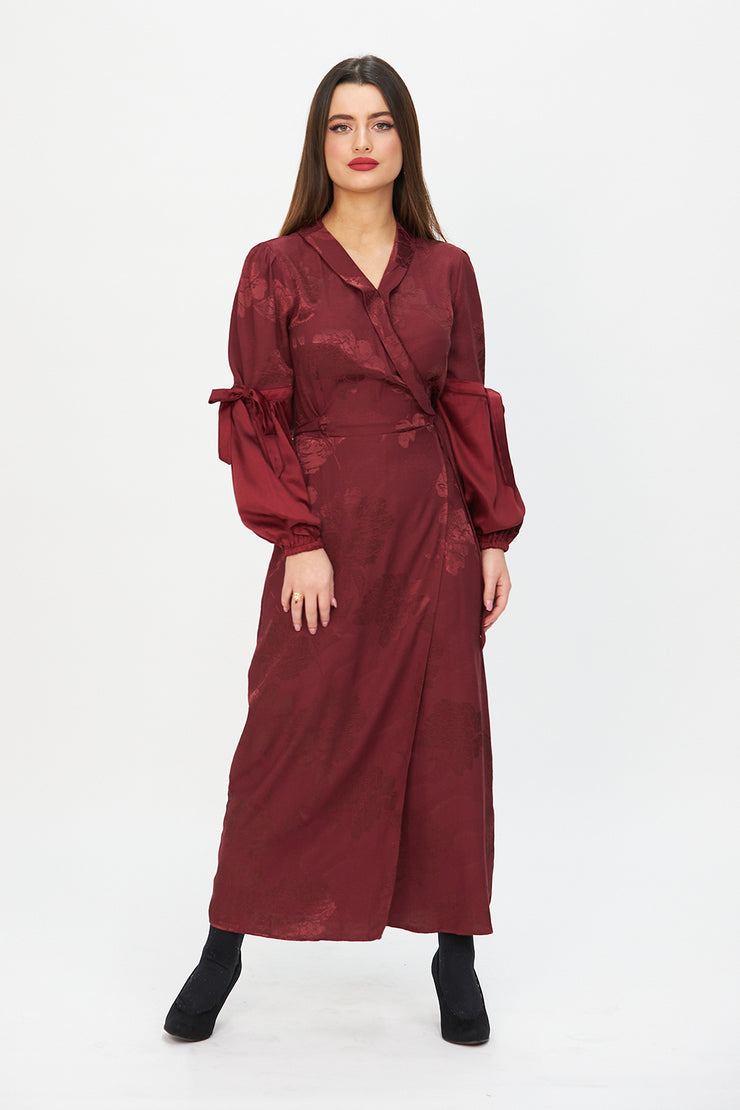 Jacquard Midi Wrap Dress Maroon