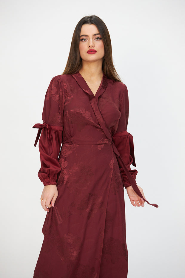 Jacquard Midi Wrap Dress Maroon