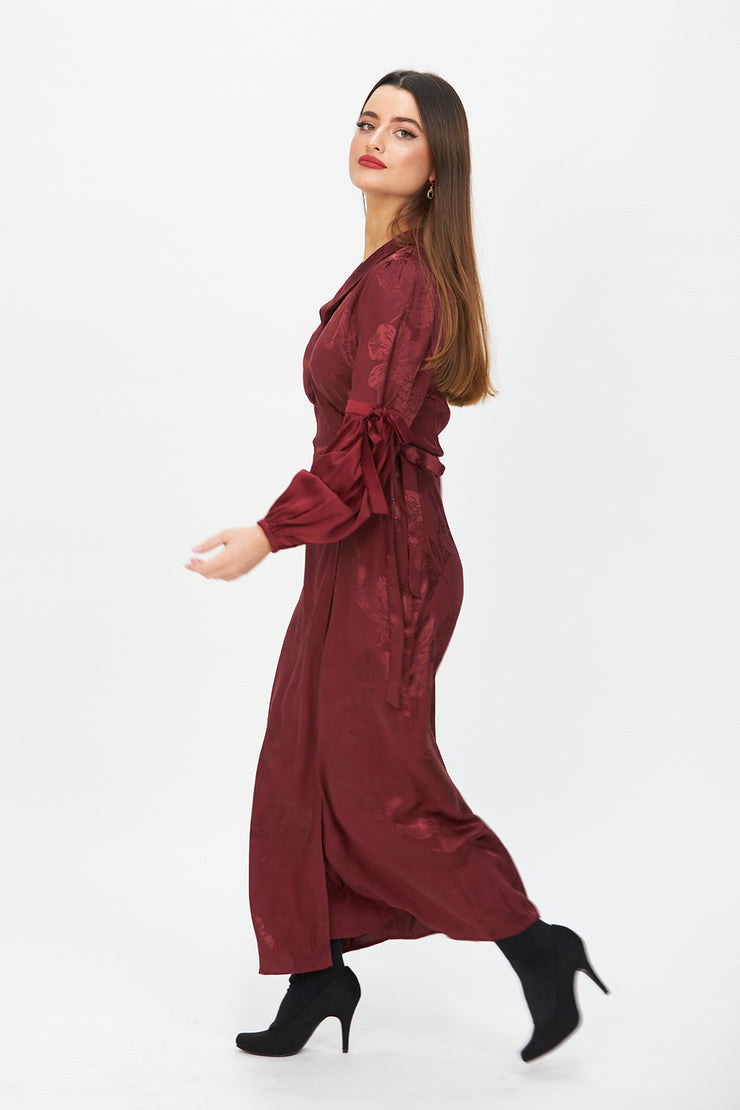 Jacquard Midi Wrap Dress Maroon