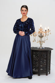 MAXI DRESS WITH VELVET SEQUIN EMBELLISHED BODICE NAVY