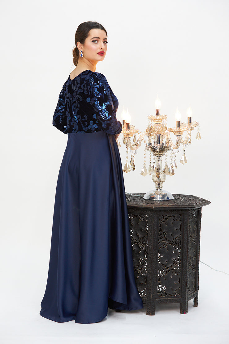 MAXI DRESS WITH VELVET SEQUIN EMBELLISHED BODICE NAVY