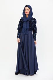 MAXI DRESS WITH VELVET SEQUIN EMBELLISHED BODICE NAVY