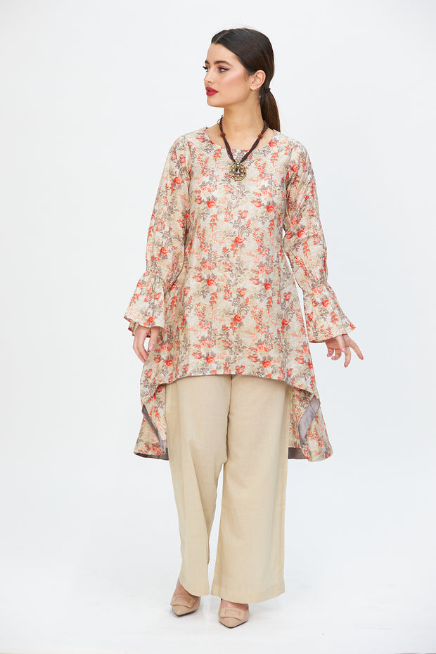 Floral Hem Dress and Wide Legged Trousers Beige