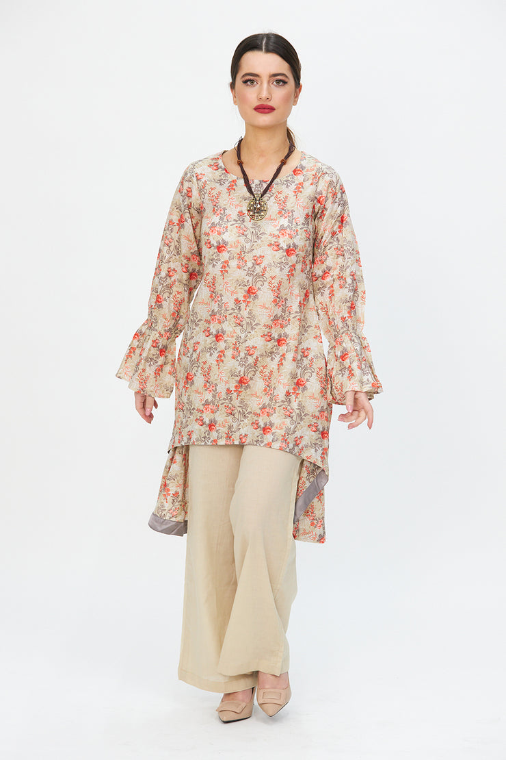 Floral Hem Dress and Wide Legged Trousers Beige