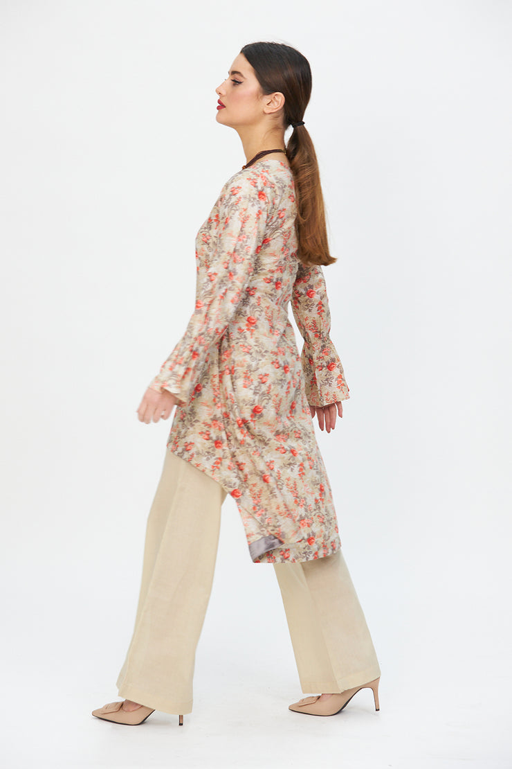 Floral Hem Dress and Wide Legged Trousers Beige