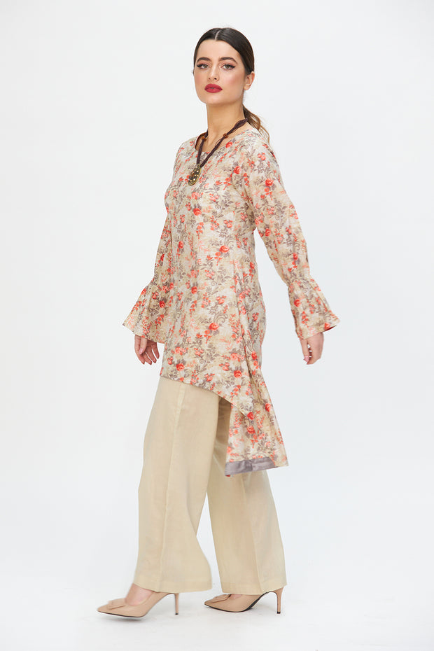 Floral Hem Dress and Wide Legged Trousers Beige