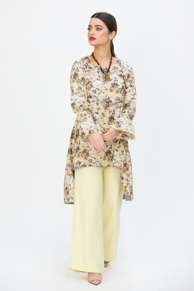 Floral Hem Dress and Wide Legged Trousers Yellow