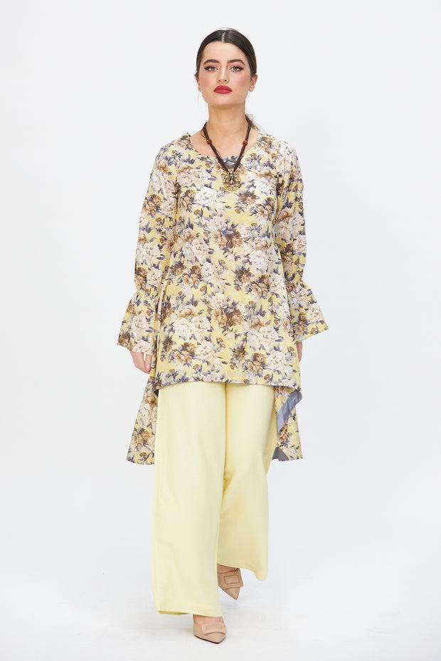 Floral Hem Dress and Wide Legged Trousers Yellow