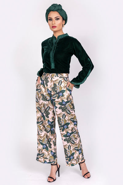 GREEN NATURE PRINT SATIN TROUSERS