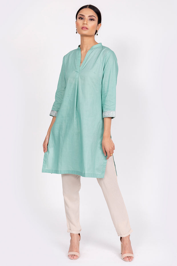 PURE COTTON TUNIC WITH EMBROIDERED SLEEVES AND BACK GREEN