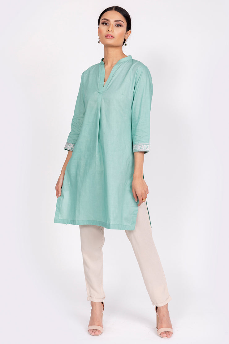 PURE COTTON TUNIC WITH EMBROIDERED SLEEVES AND BACK GREEN