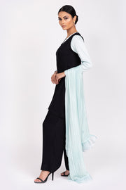 DUCK EGG SILK BLOUSE WITH SLEEVELESS BLACK TUNIC, TROUSERS AND CO-ORDINATING SCARF