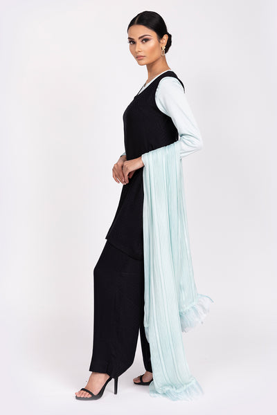 DUCK EGG SILK BLOUSE WITH SLEEVELESS BLACK TUNIC, TROUSERS AND CO-ORDINATING SCARF