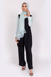 DUCK EGG SILK BLOUSE WITH SLEEVELESS BLACK TUNIC, TROUSERS AND CO-ORDINATING SCARF