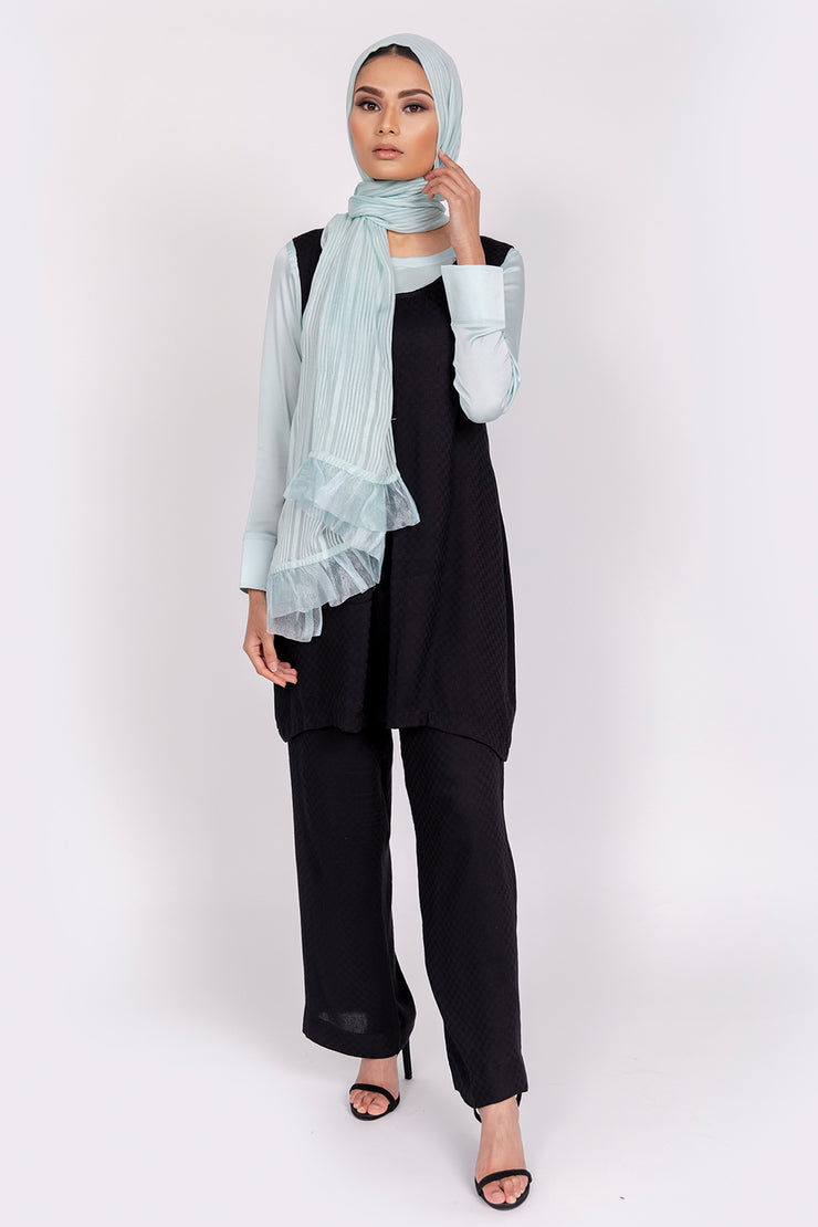 DUCK EGG SILK BLOUSE WITH SLEEVELESS BLACK TUNIC, TROUSERS AND CO-ORDINATING SCARF