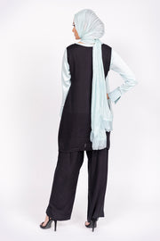 DUCK EGG SILK BLOUSE WITH SLEEVELESS BLACK TUNIC, TROUSERS AND CO-ORDINATING SCARF