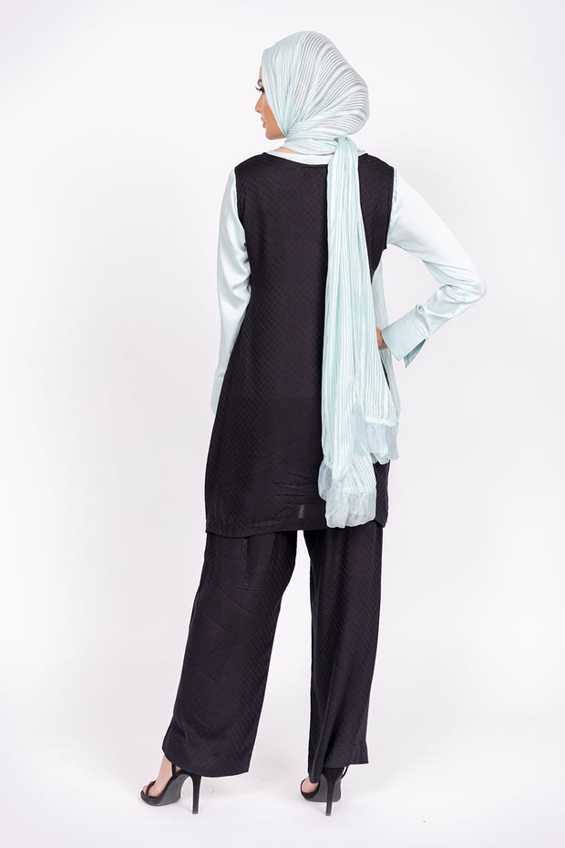 DUCK EGG SILK BLOUSE WITH SLEEVELESS BLACK TUNIC, TROUSERS AND CO-ORDINATING SCARF