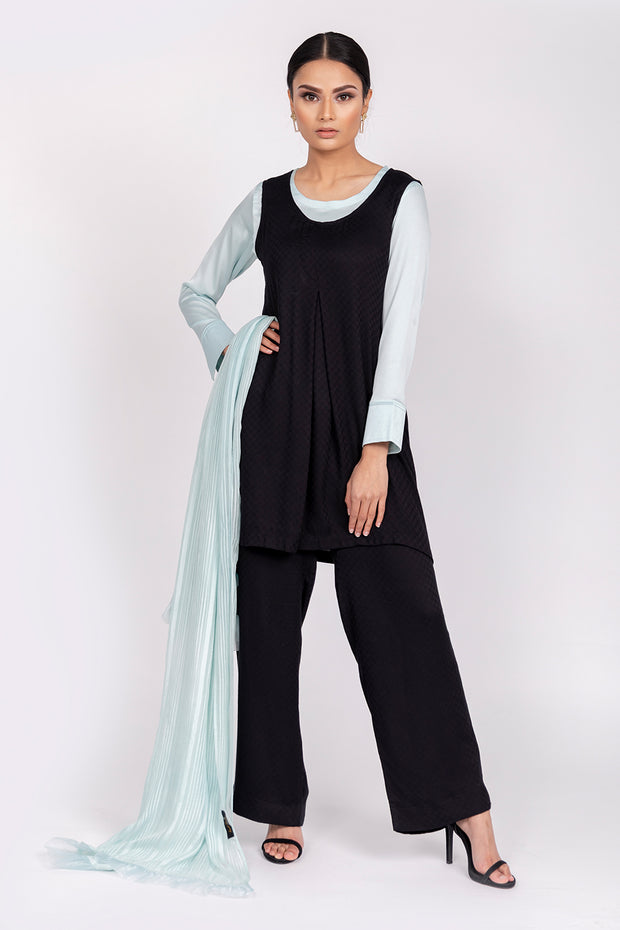 DUCK EGG SILK BLOUSE WITH SLEEVELESS BLACK TUNIC, TROUSERS AND CO-ORDINATING SCARF