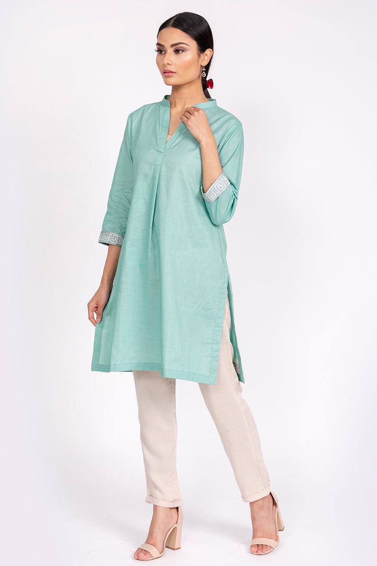 PURE COTTON TUNIC WITH EMBROIDERED SLEEVES AND BACK GREEN