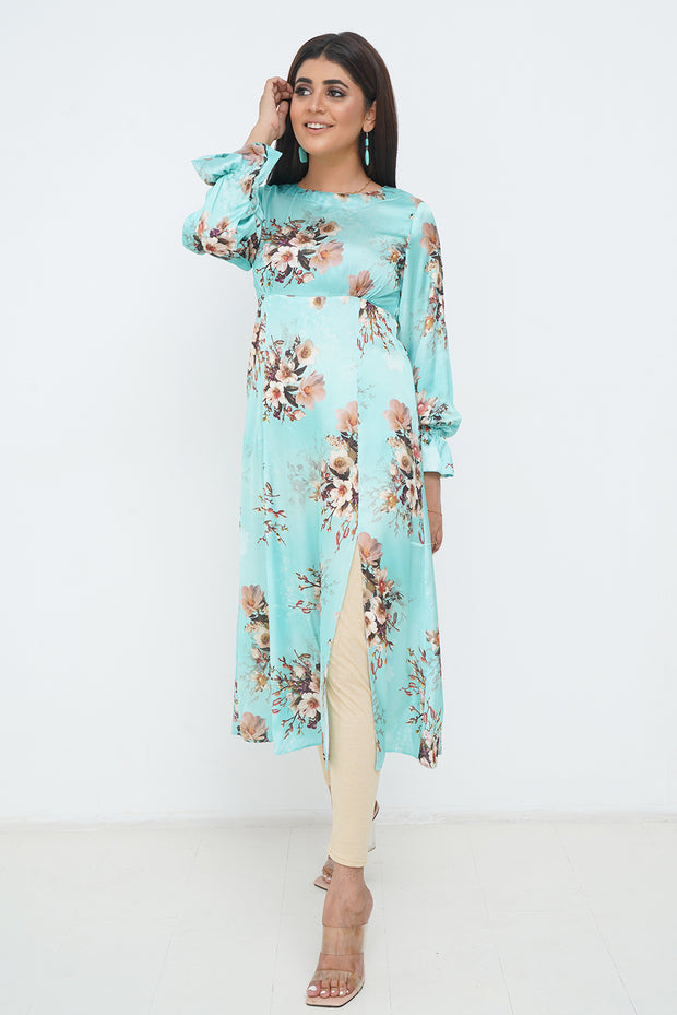 SILK FLORAL SLIT DRESS GREEN