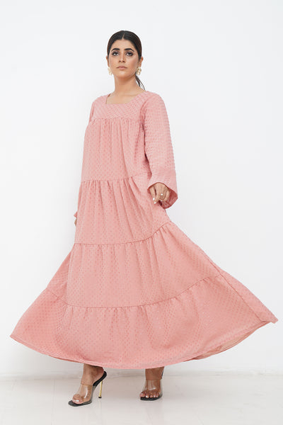 PEACH TIERED CHIFFON DRESS FULLY LINED